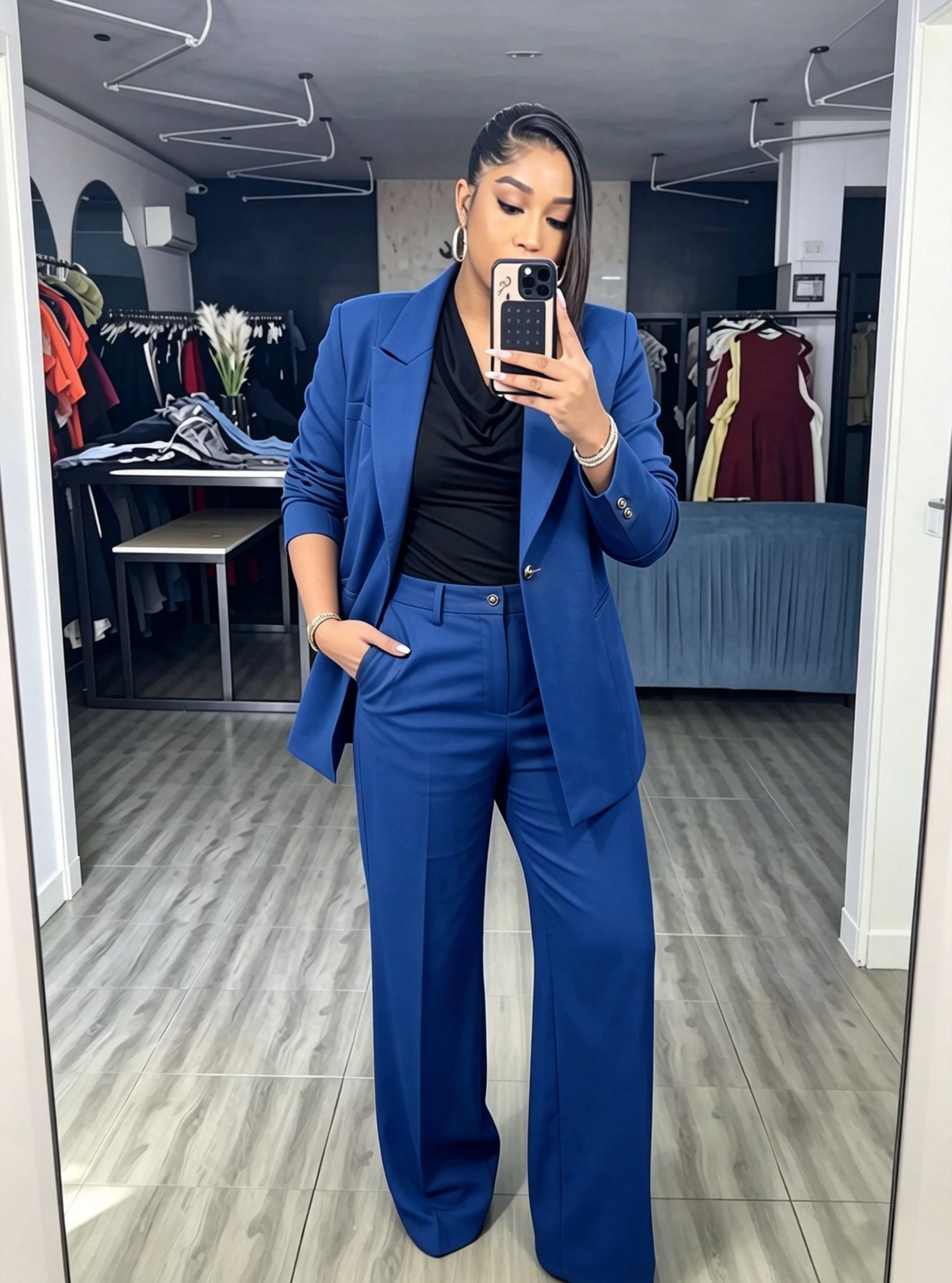 Solid color three-piece blazer and wide leg trouser women's suit set - view 1