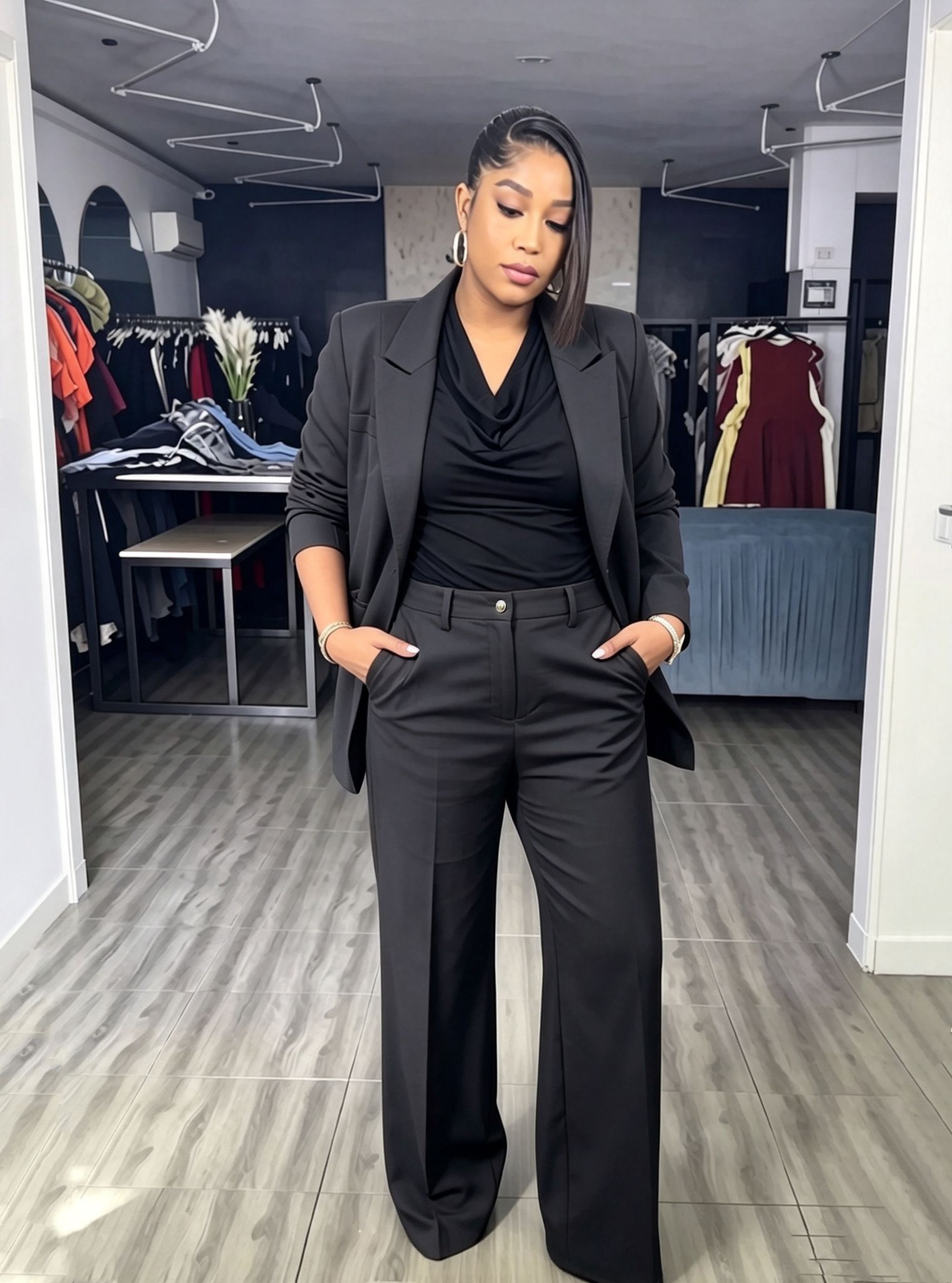 Solid color three-piece blazer and wide leg trouser women's suit set - view 2