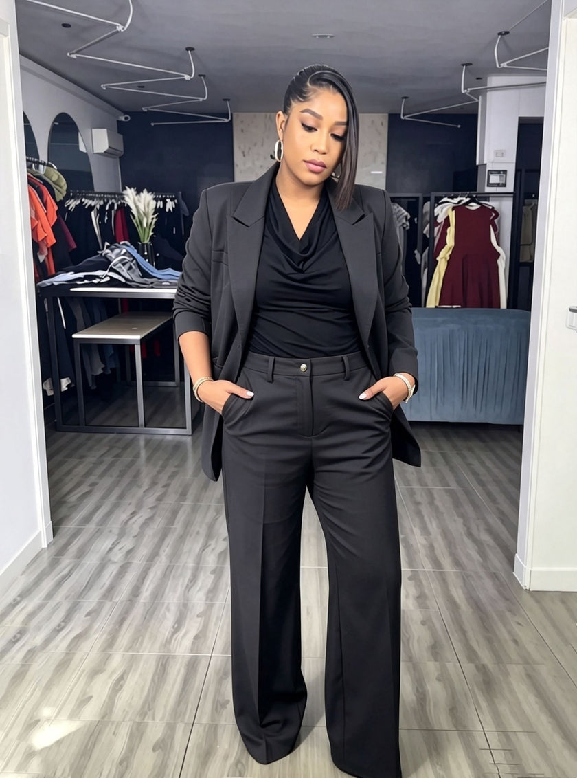 Solid color three-piece blazer and wide leg trouser women's suit set - view 2