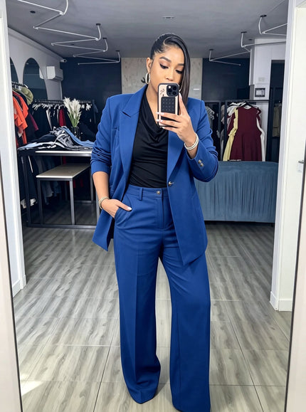 Women's blazer and wide-leg trousers suit, denim-blue solid with notched lapels.