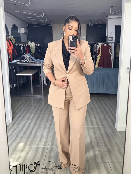 Women's beige blazer and wide-leg trouser suit set, solid three-piece