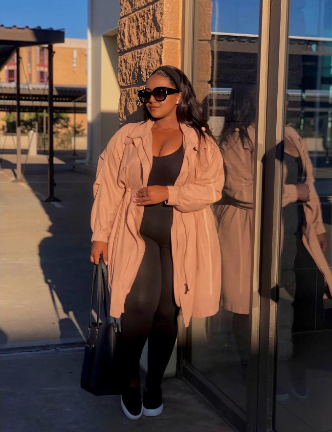 Lightweight tan trench coat with drawstring waist and hood