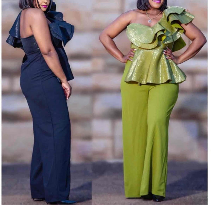 One-shoulder ruffle jumpsuit on two colors: dark navy and lime green, wide-leg