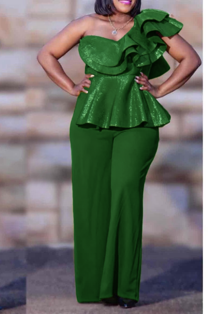Dark green one-shoulder ruffle jumpsuit with peplum top, wide-leg pants
