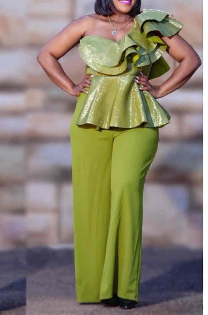 Yellow-green one-shoulder ruffle jumpsuit with peplum top and wide-leg pants