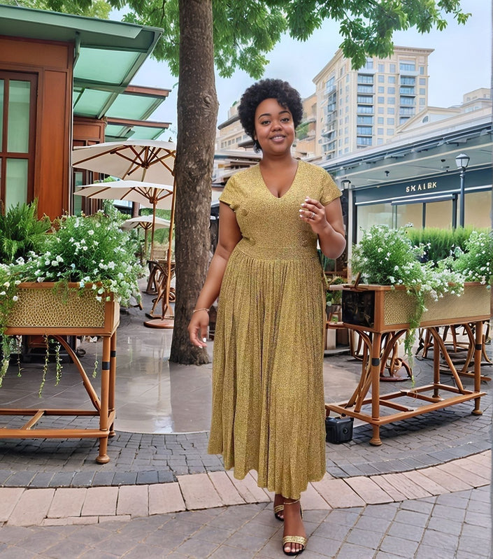 High-waist pleated midi dress in gold, V-neck, short sleeves, gathered skirt