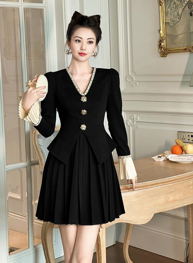 Black V-neck pleated dress with puff sleeves and fitted bodice, long sleeves, front buttons