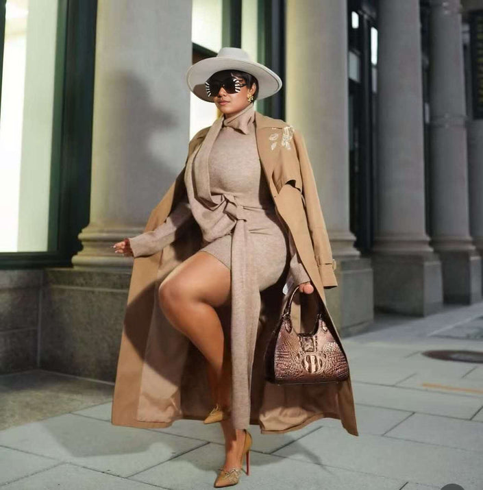 Women's Long Trench Coat with Floral Embroidery