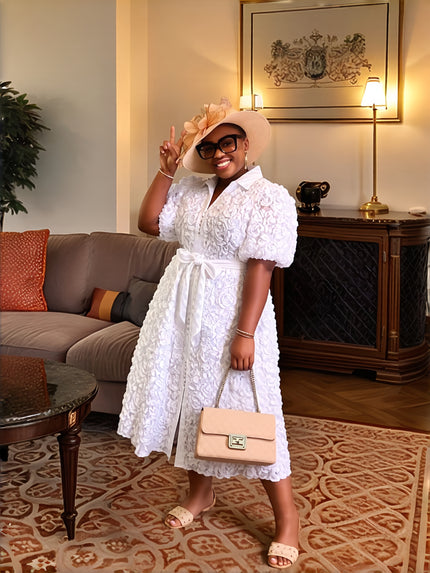 Women's white midi shirt dress with puff sleeves, 3D floral lace, belted waist