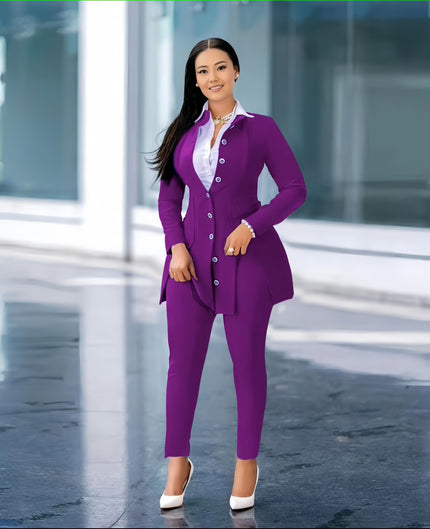 Women’s slim fit blazer and trouser set, purple with white collar