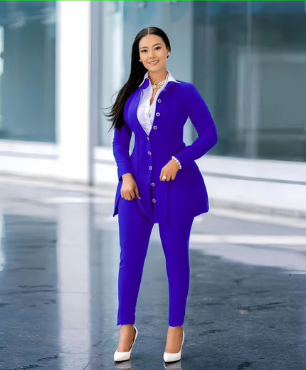 Women’s slim fit blazer and trouser set, royal blue with white collar