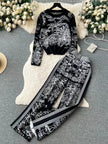 Botanical print twin set: long-sleeve top and wide-leg pants, black with white