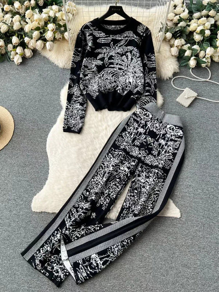 Botanical print twin set: long-sleeve top and wide-leg pants, black with white