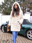 Cream hooded fur coat with full sleeves and button-front placket