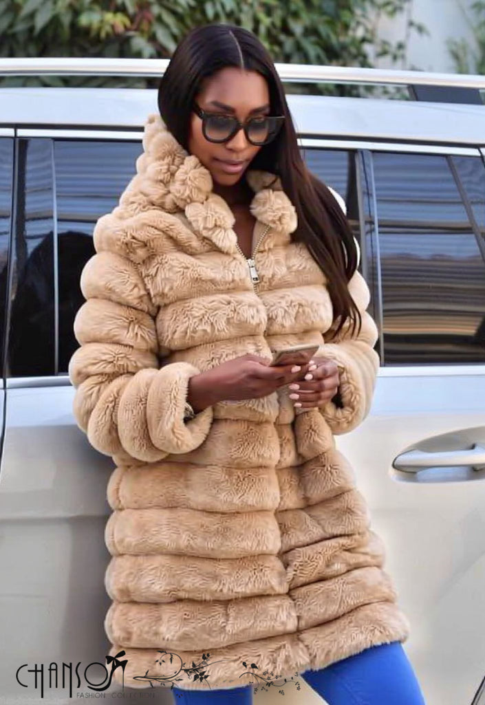 Nude hooded fur coat with full sleeves and button-front placket