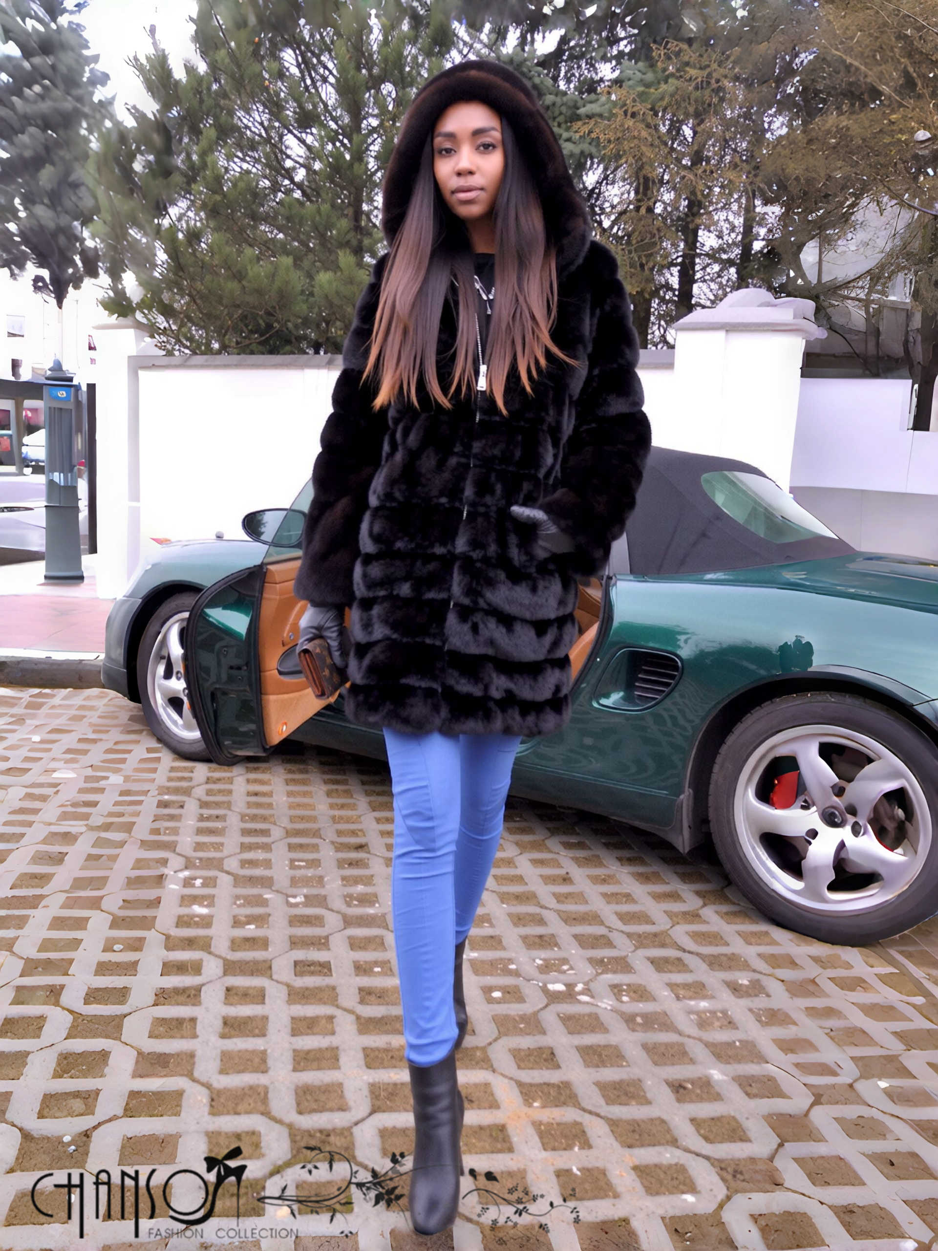 Black hooded fur coat with full sleeves and button-front placket