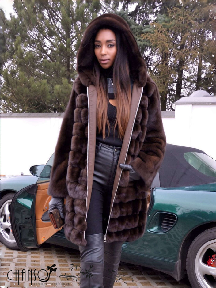 Brown hooded fur coat with full sleeves and button-front placket