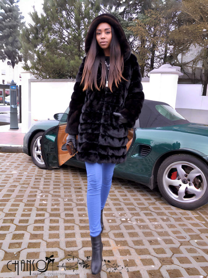Black hooded fur coat with full sleeves and button-front placket