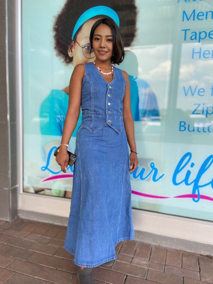Button-Up Knee-Length Denim Twin Set