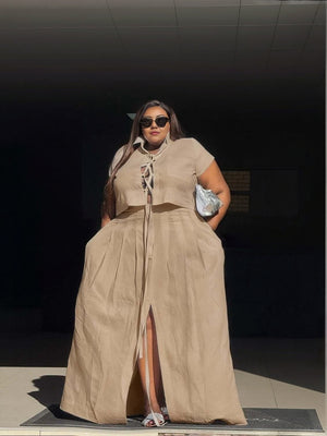 Collared lace-up wide-leg pants set in beige/tan, short-sleeve top with lace-up front
