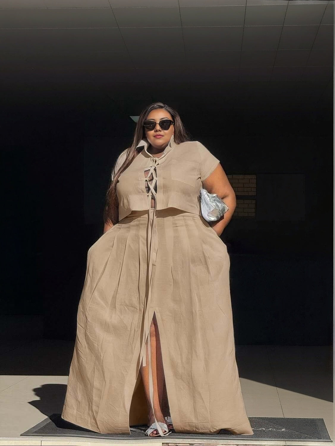 Collared Lace Up Wide Leg Pants Set