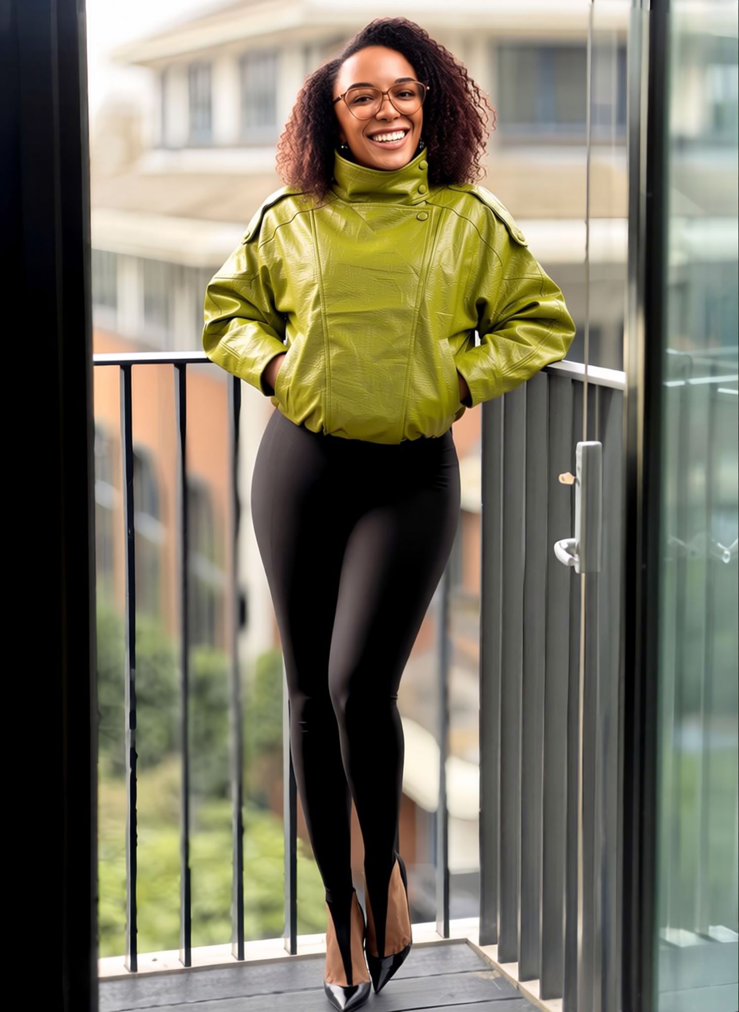 Cropped oversized jacket with stand collar and zip, lime green