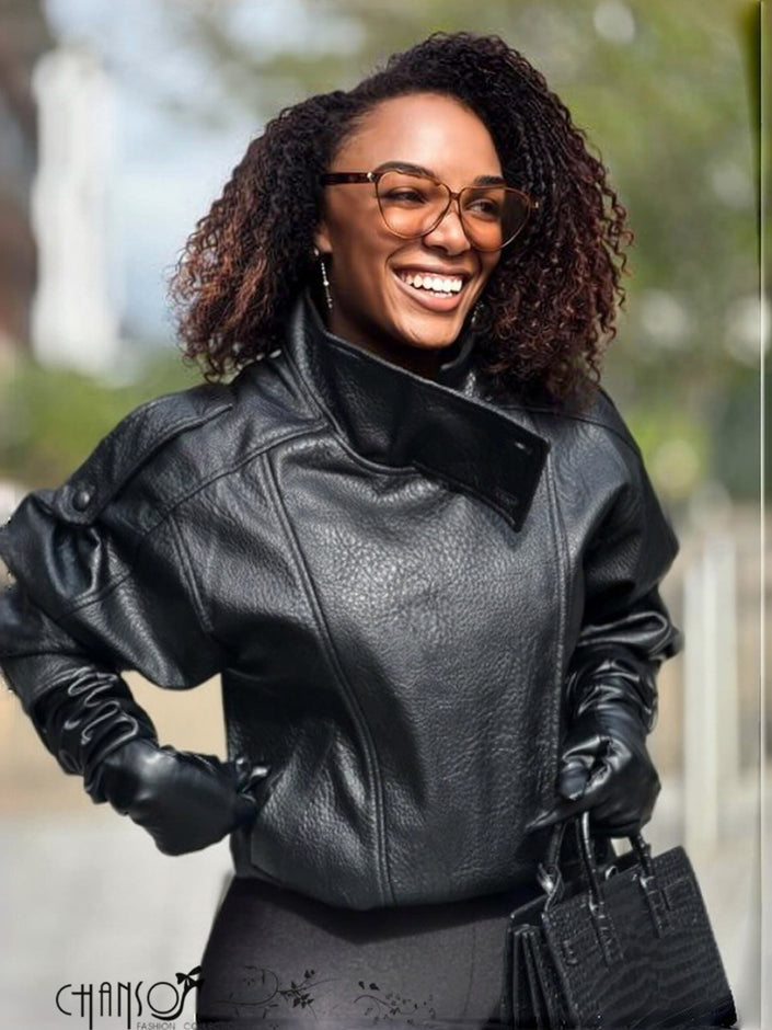 Cropped black leather jacket with wide stand collar and zipper at front