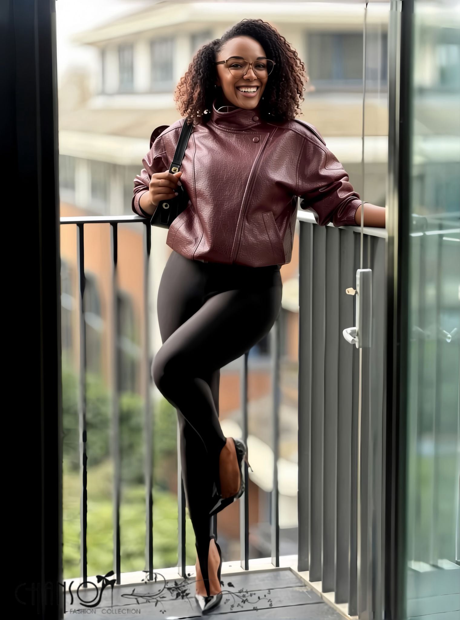 Cropped maroon leather jacket with stand collar and front zipper, relaxed oversized fit