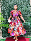 Bold floral print traditional midi dress with ruffled sleeves and waist bow belt - view 1