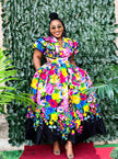 Bold floral print traditional midi dress with ruffled sleeves and waist bow belt - view 2