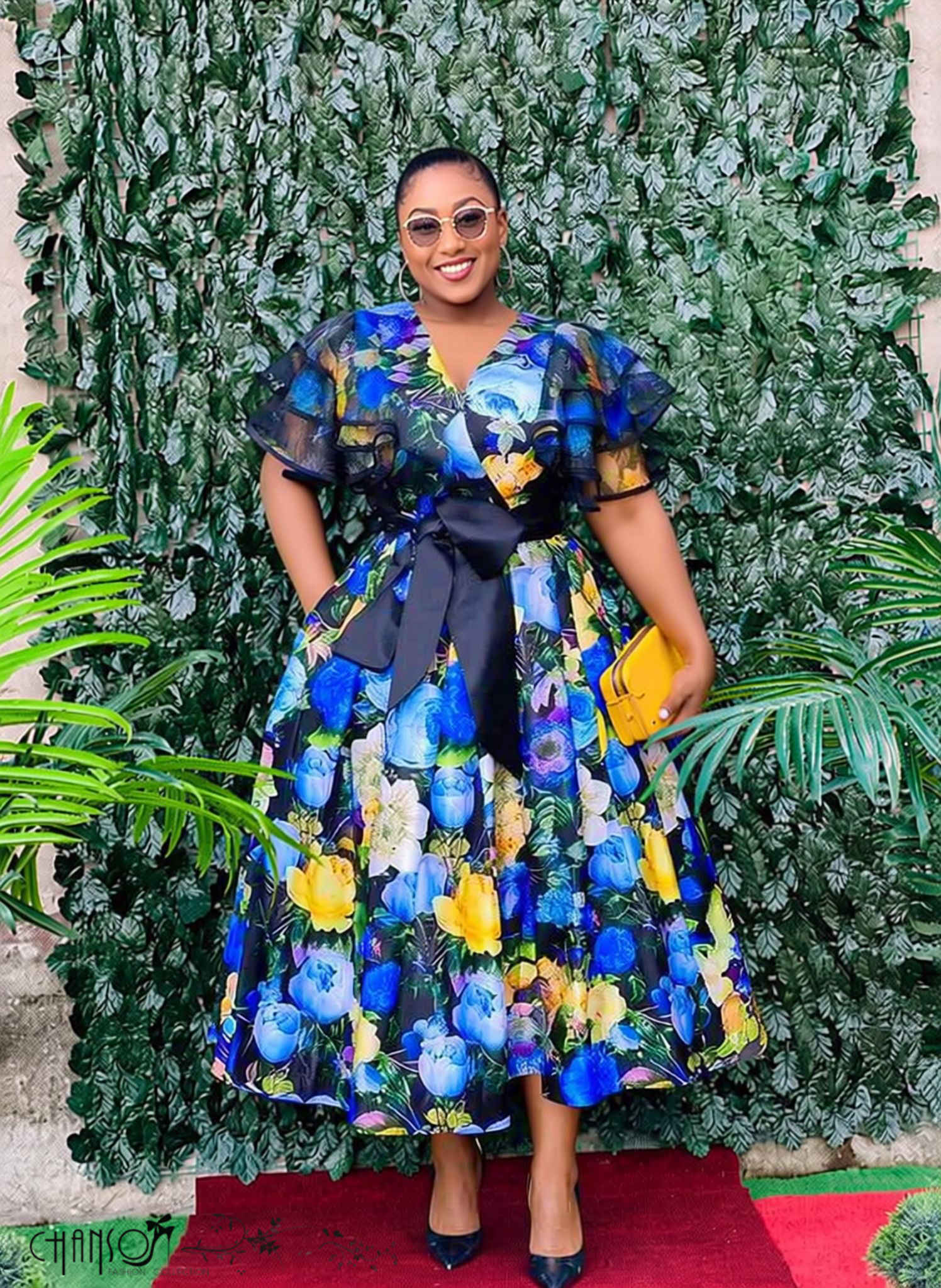 Bold floral print traditional midi dress with ruffled sleeves and waist bow belt - view 3
