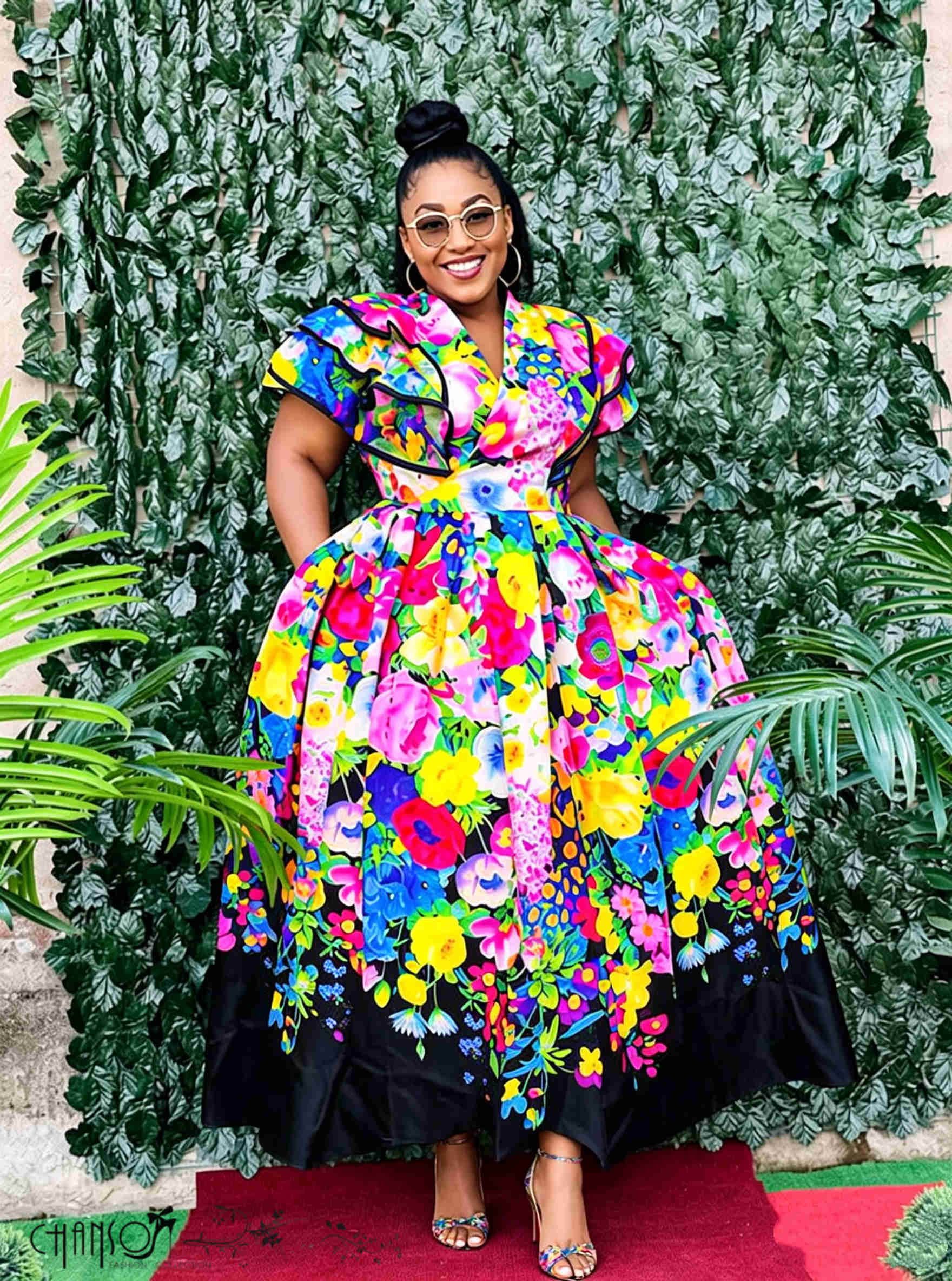 Bold floral print traditional midi dress with ruffled sleeves and waist bow belt - view 2