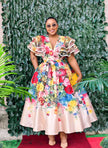 Bold floral print traditional midi dress with ruffled sleeves and waist bow belt - view 4