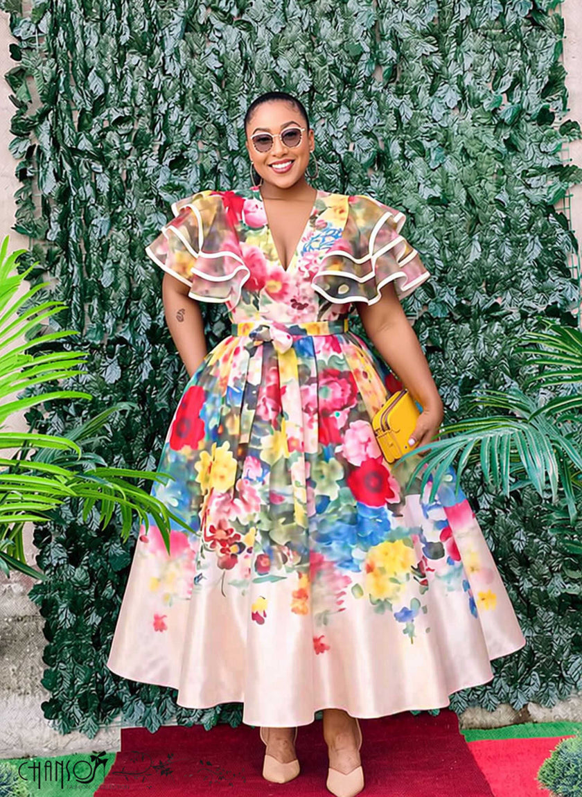 Bold floral print traditional midi dress with ruffled sleeves and waist bow belt - view 4