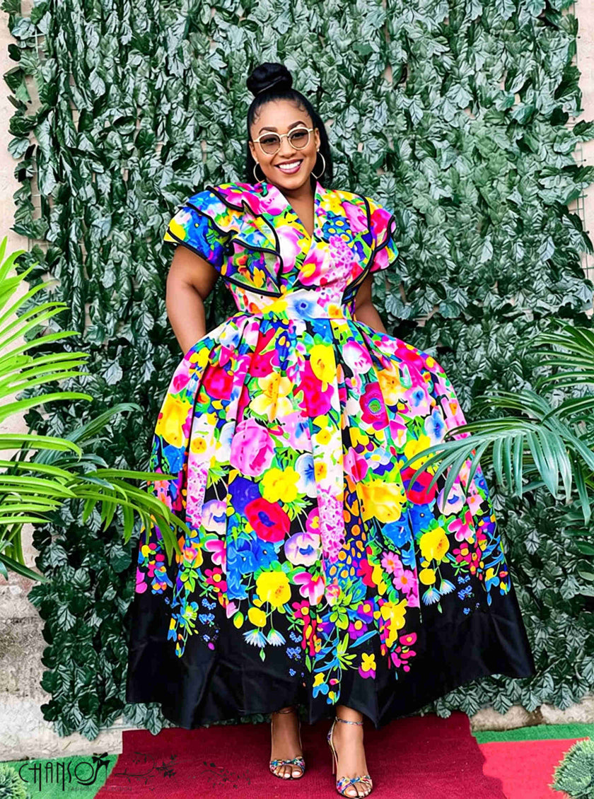 Bold floral print traditional midi dress with ruffled sleeves and waist bow belt - view 2
