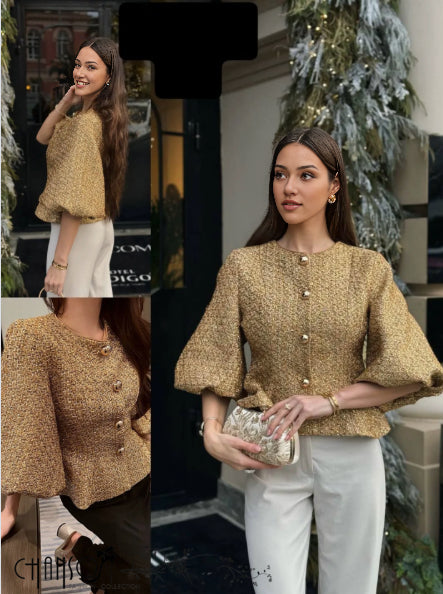 Gold tweed blouse, three-button front and voluminous puff sleeves