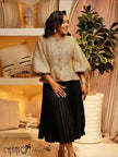Gold tweed Puff-sleeve blouse with button-front placket