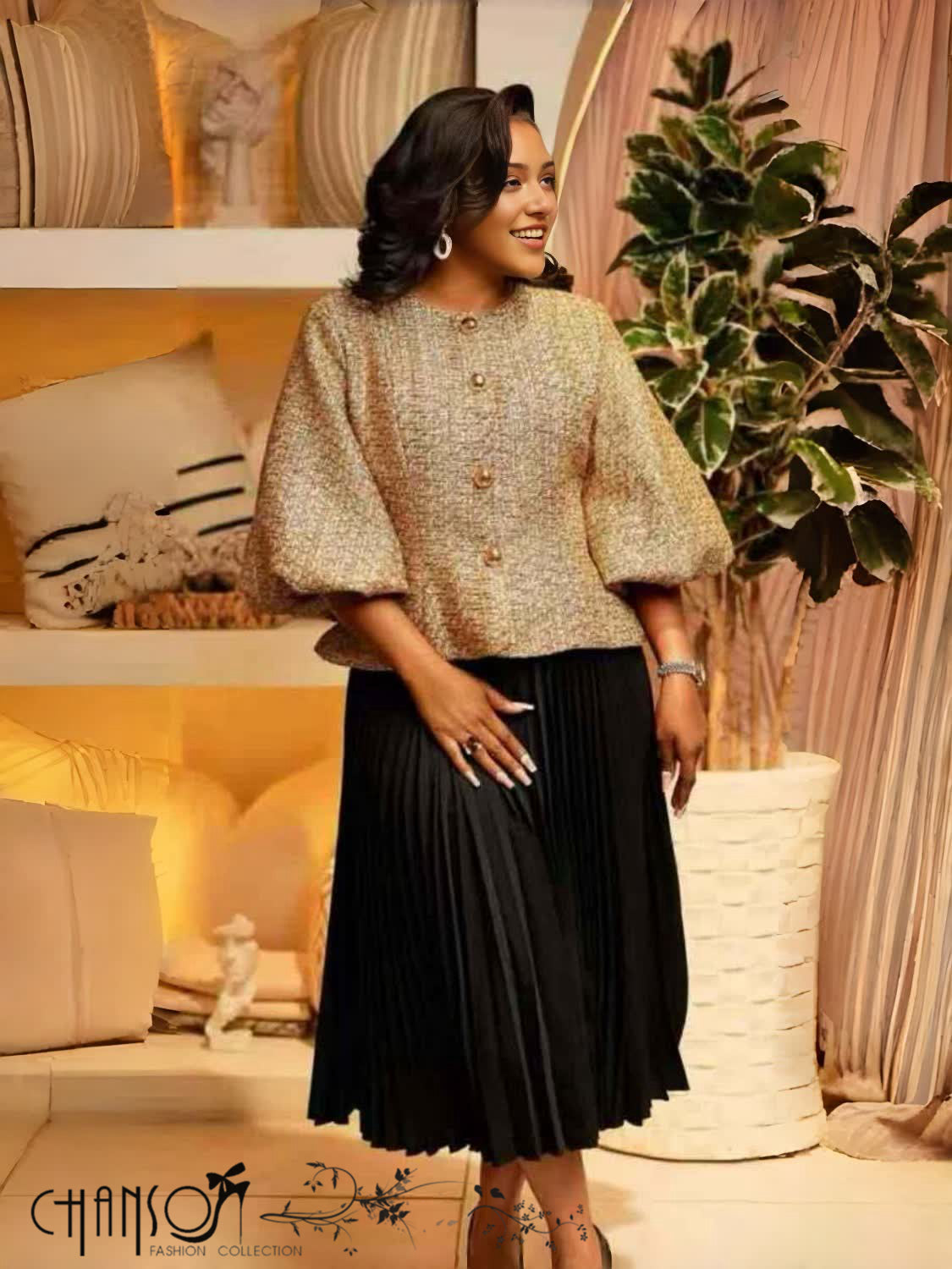 Gold tweed Puff-sleeve blouse with button-front placket
