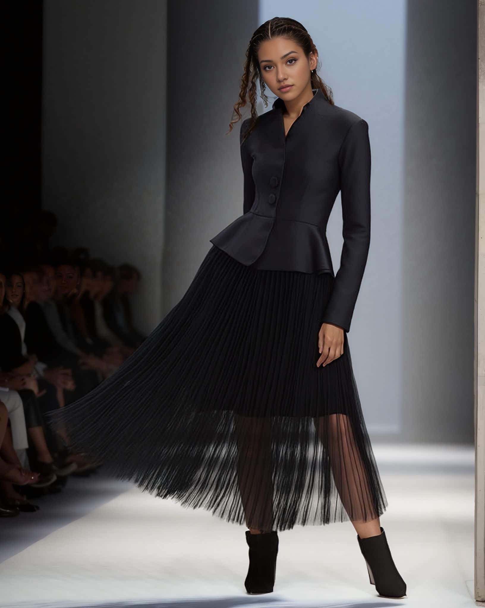 Black pleated midi skirt outfit with long-sleeve peplum jacket and button front