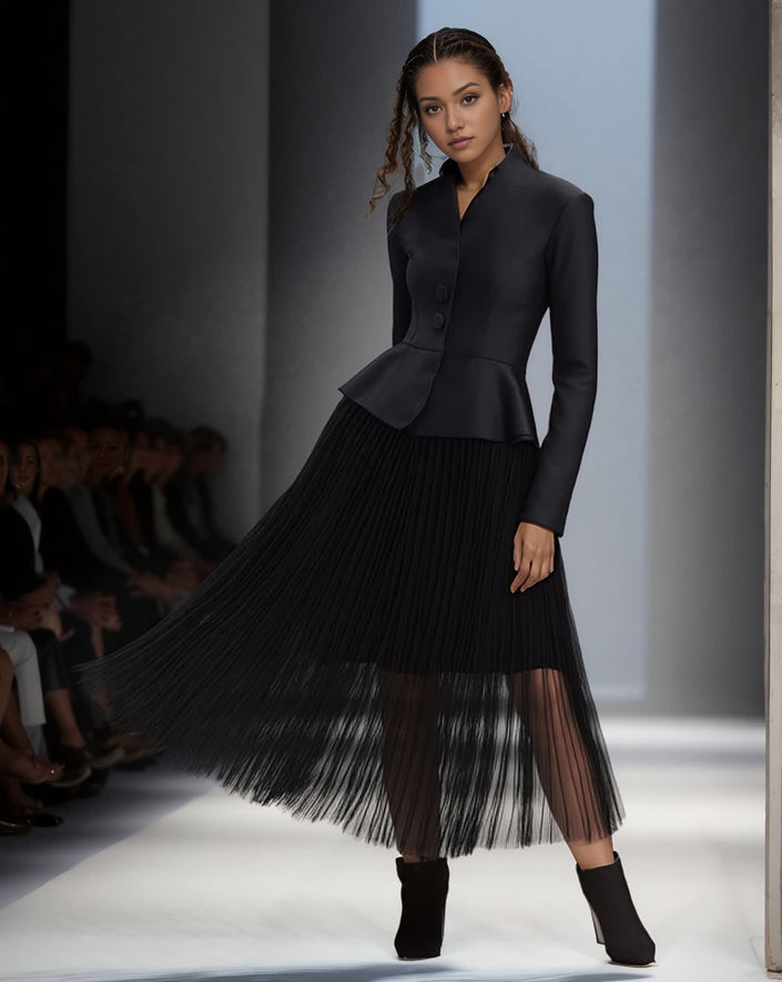 Black pleated midi skirt outfit with long-sleeve peplum jacket and button front