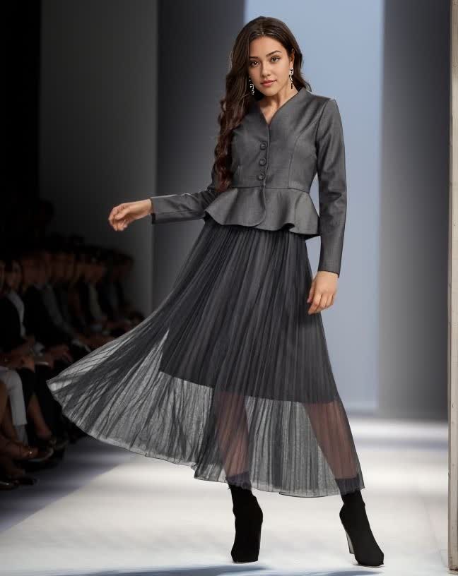 Grey pleated midi skirt outfit with long-sleeve peplum jacket and button front