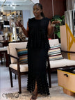 Black geometric sequin sleeveless dress with layered fringe skirt overlay
