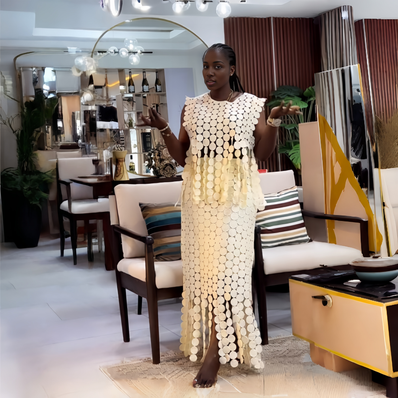 Cream geometric sequin twin set dress with sleeveless top and tiered skirt