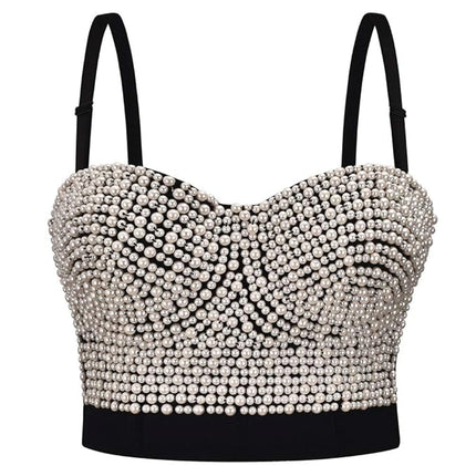 Pearl beaded vest top with sweetheart neckline and black straps