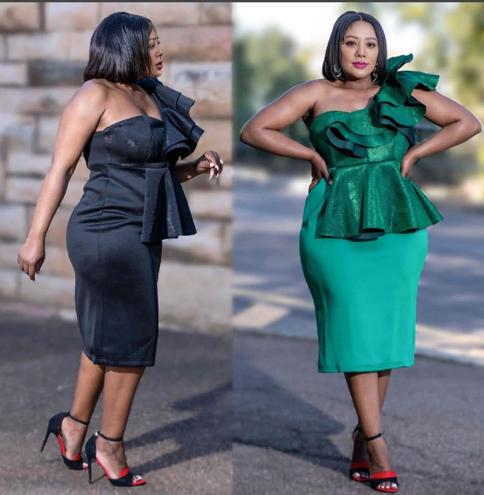 Black strapless ruffle peplum midi dress with tiered waist peplum