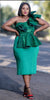 Dark green strapless ruffle peplum midi dress with tiered waist peplum