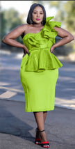 Lime green strapless ruffle peplum midi dress with tiered waist peplum