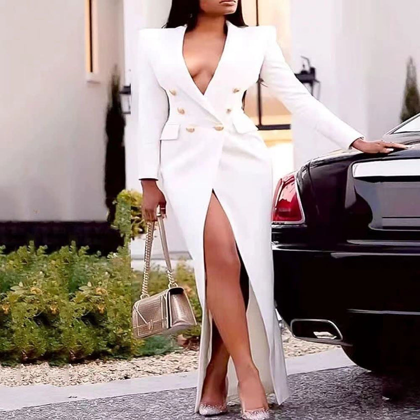 White maxi dress with puff sleeves, double-breasted bodice and front slit