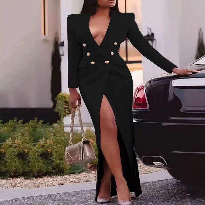 Black maxi dress with puff sleeves, double-breasted bodice and front slit