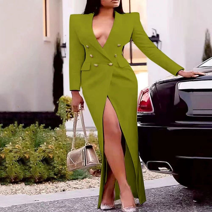 Olive green maxi dress with puff sleeves, double-breasted bodice and front slit